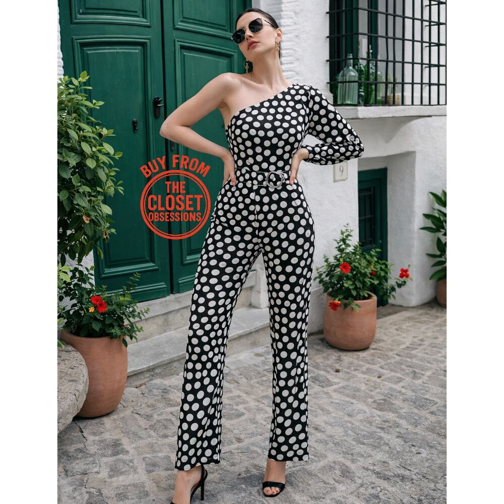 Mango Polka Dot One Shoulder Jumpsuit Straight Leg NWT